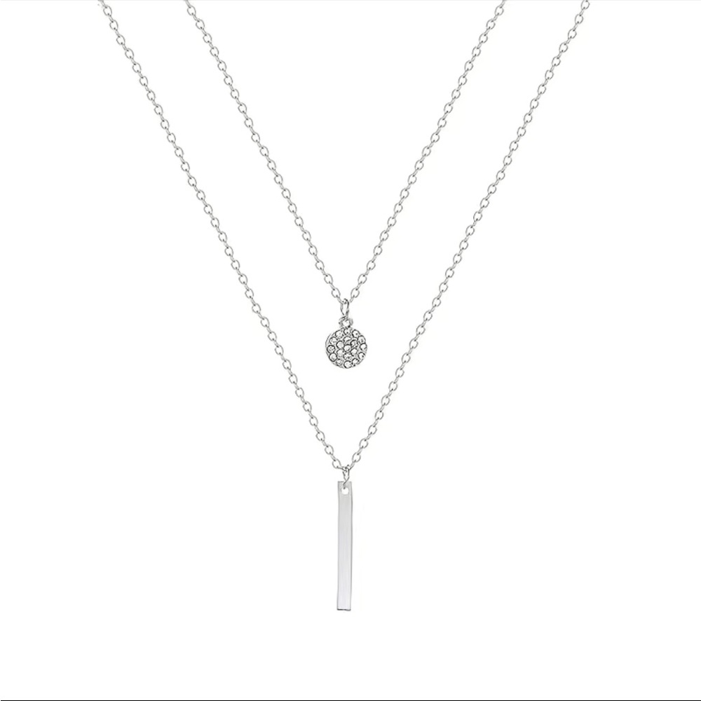 NEW - SILVER - Long Bar & Round Cut Rhinestone Double Layer Clavicle chain